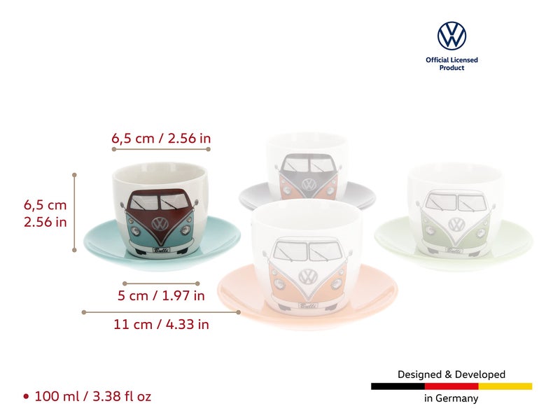 BRISA VW Collection - Volkswagen Espresso Cups Coffee-Tea-Cappuccino Set in T1 Bus Campervan Design (Bus Front/100ml/3.4 fl oz) (Set of 4 (red/black, petrol/brown, orange, green)) - Image 3
